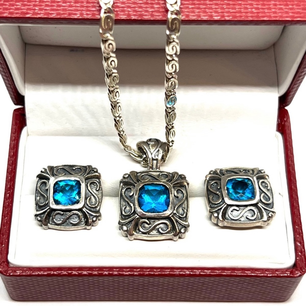 925 sterling silver set of earrings and necklace blue topaz stones - Picture 1 of 12